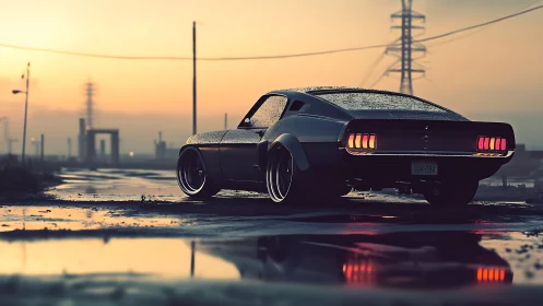 Classic muscle car on wet industrial road at sunset.