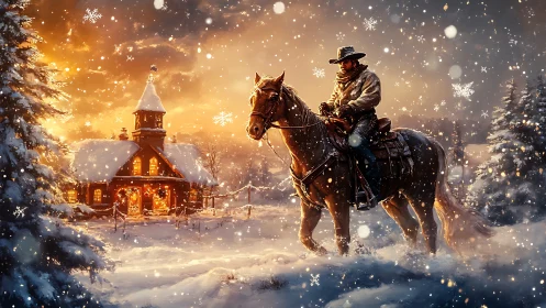 Cowboy on horseback near illuminated cabin in winter snow.