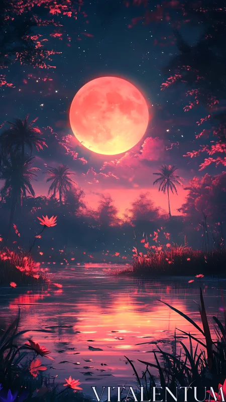 Digital painting of crimson supermoon over tropical river at dusk.