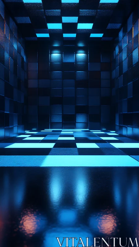 Luminous blue cube corridor with reflective tiled surfaces.