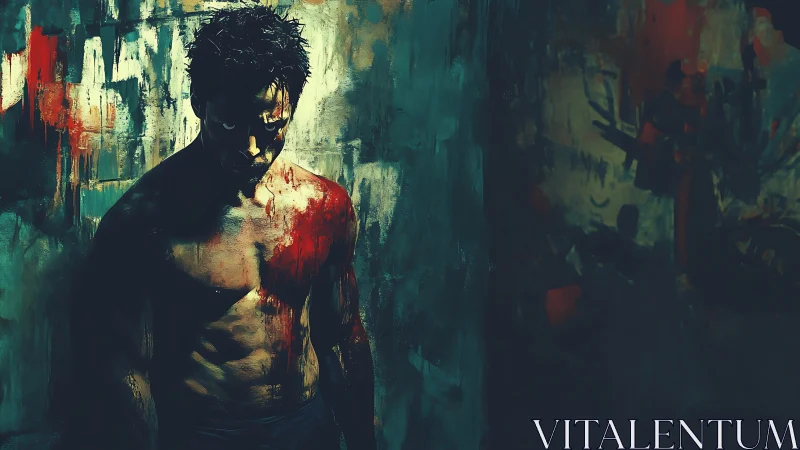 Brooding warrior stands in moody shadows and dripping color