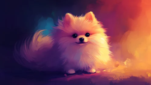 Fluffy aurora puppy glowing in dreamy neon sunset haze.
