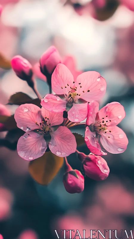 Pink flowering branches bloom with delicate petals and water droplets.