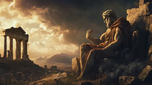 Sunlit stone titan watching over ancient mountain ruins.