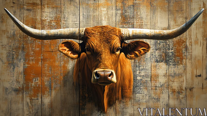 Longhorn bull portrait on distressed rustic timber backdrop.