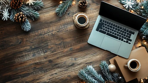 Winter workstation hums softly between pine, lights, and coffee