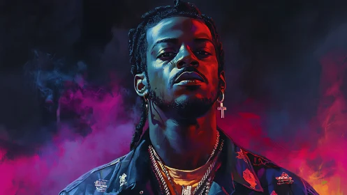 Confident hip hop portrait framed by neon smoke gradients