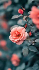 Coral rose bloom with unopened buds and blue-toned foliage composition