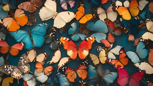 Colorful butterfly specimens overlap on dark teal surface