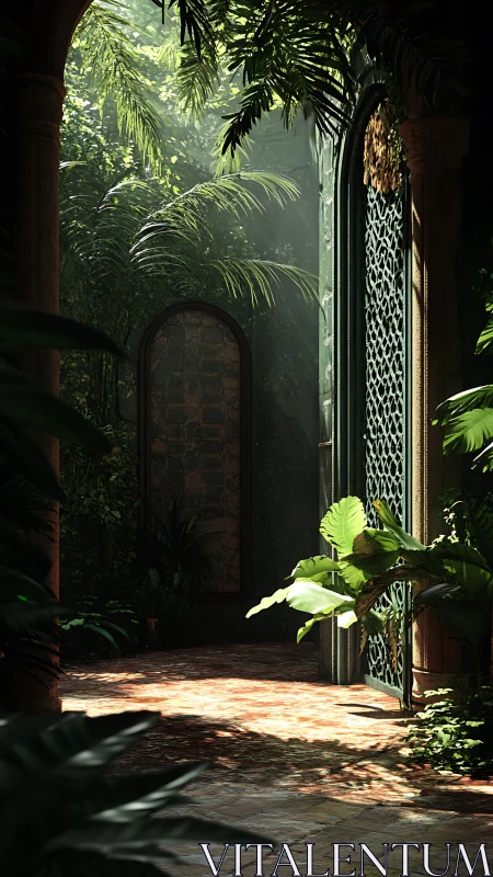 Sunlit courtyard archway with lush overgrown foliage.