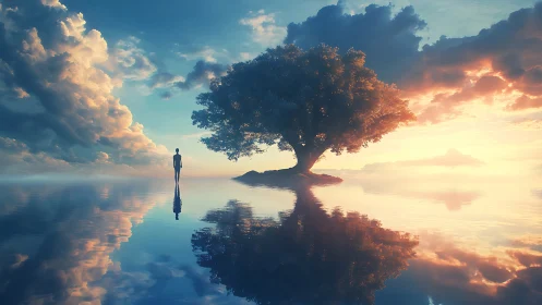 Solitary figure and tree mirrored on hyper-reflective water plane