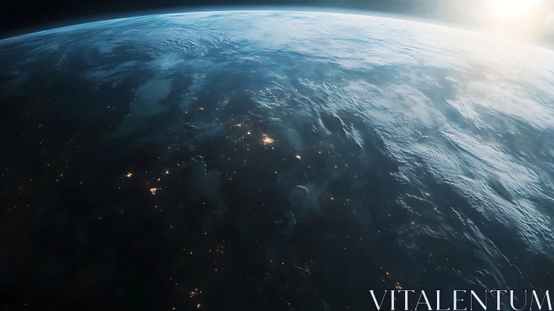 Planetary horizon reveals sunlit atmosphere over night lights