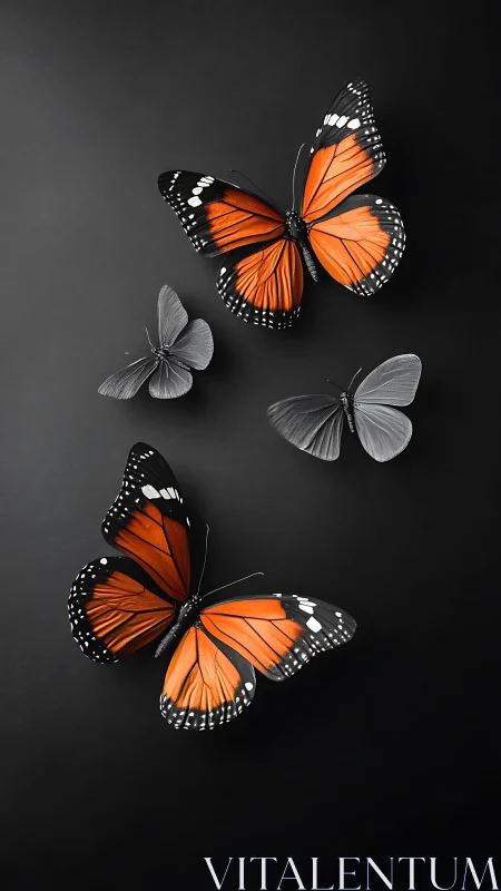 Monarch embers drift above grayscale wings on black hush.