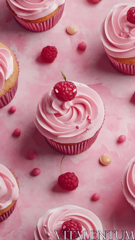 Raspberry-Topped Cupcakes with Pink Frosting Swirls.