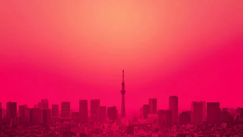 Monochromatic city skyline shows central tower in gradient haze