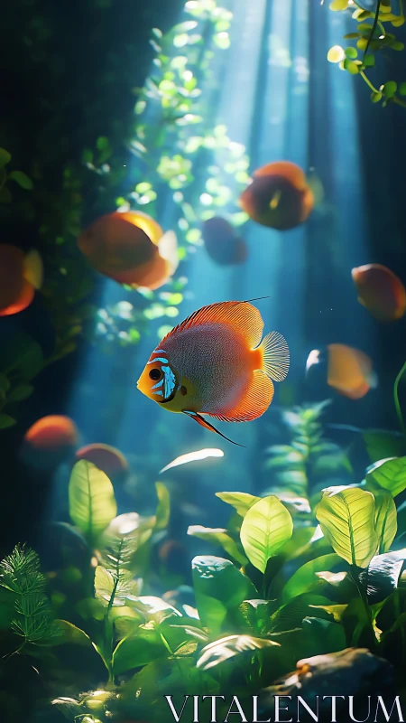 Orange tropical fish swims through lush sunlit aquarium.