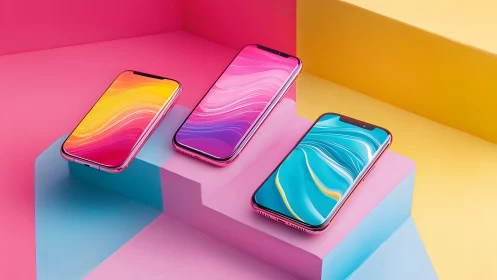 Three modern smartphones with vibrant screens on pastel podiums.