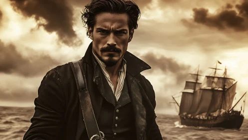 Brooding sea captain stands defiant before stormy horizon