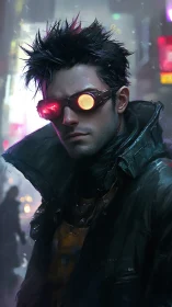 Cyberpunk vigilante gazes through neon-lit city haze.