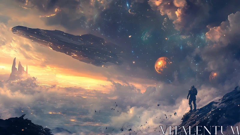 Stellar explorer surveys colossal starship in burning nebula.