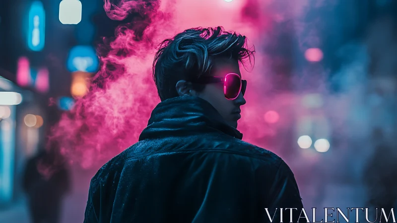 Neon-soaked city drifter in pink vapor haze at night.