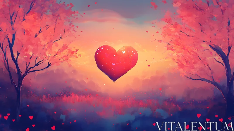 Giant Red Heart Glowing Against Sunset Over Romantic Landscape.