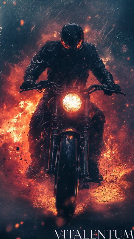 Flaming motorcycle rider charges through storming night rain.