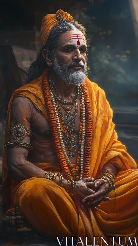 Serene orange-robed sage resting in quiet, thoughtful grace.