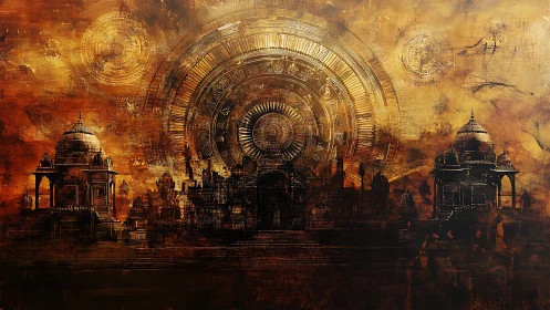 Golden clockwork skyline over ancient dreaming temples.