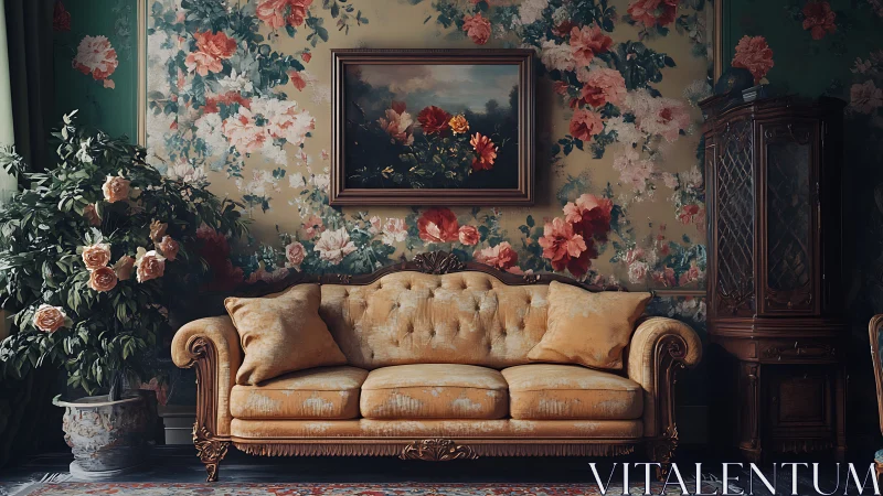 Vintage floral living room scene captures romantic charm