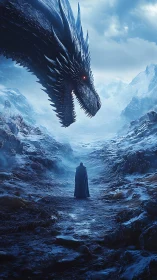 Lone cloaked figure confronts colossal dragon in icy pass