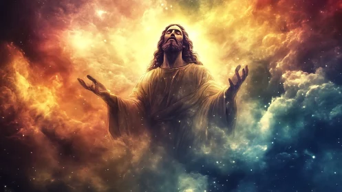 Heavenlit figure rises through swirling nebula-hued clouds