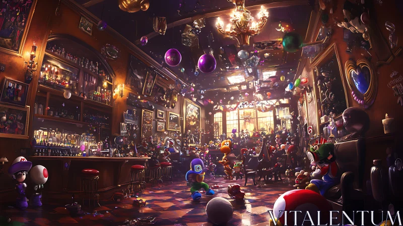 Crowded game-themed bar interior with numerous cartoon figures.