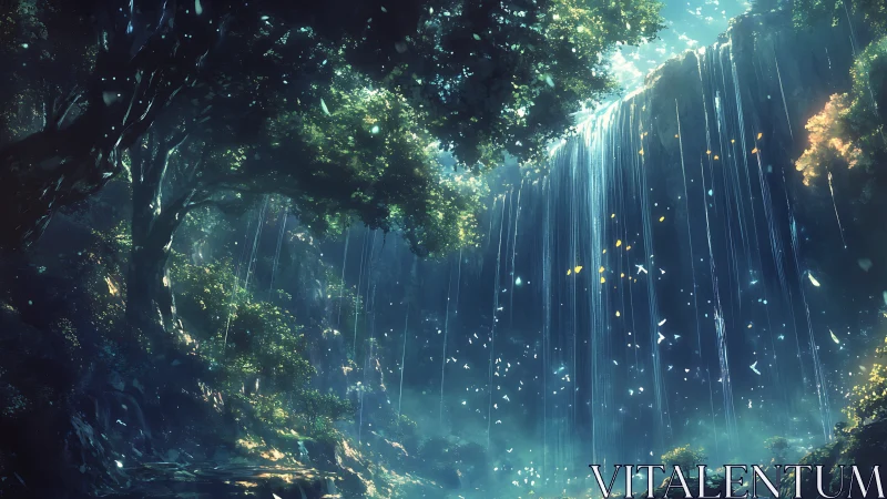 Forest waterfall scene shows vertical streams and glowing mist