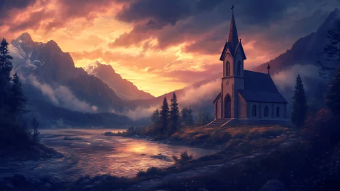 Gothic riverside chapel illuminated by dramatic alpine sunset