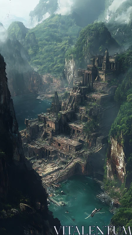 Ancient cliffside ruins above misty turquoise lagoon.