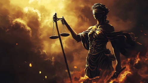 Blindfolded Lady Justice holding scales in fiery clouds.