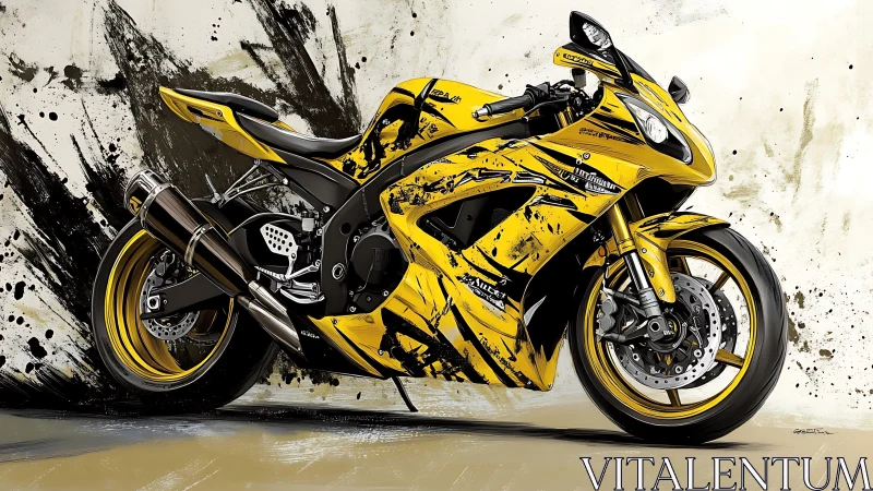 Sportbike side profile with yellow splatter livery, studio setting