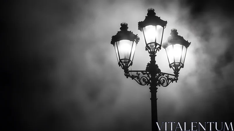 Three-lantern streetlight glows against dense backlit fog