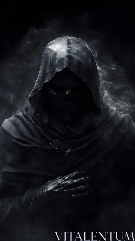 Shrouded reaper rises from smoke in midnight oblivion.