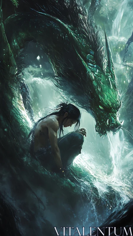 Human figure with emerald dragon in turbulent forest water.