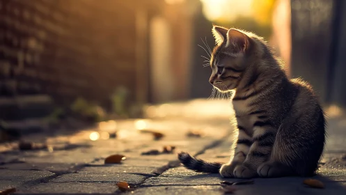 Sunlit Kitten Contemplating Urban Alley.