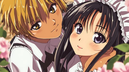 Anime couple close-up framed by soft pink garden blooms