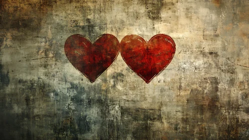 Two Red Hearts on Distressed Vintage Surface.