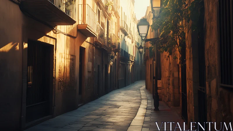 Sunlit old European alleyway curves into tranquil distance.