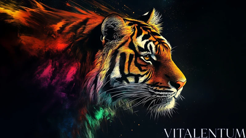 Vibrant neon tiger emerges from swirling cosmic darkness