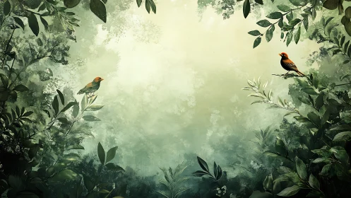 Whispered canopy duet of red-breasted songbirds in green hush.