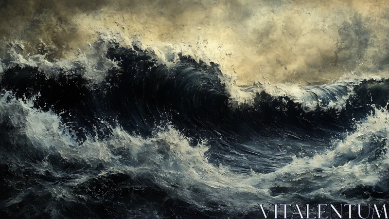 Dark stormy ocean waves under heavy turbulent sky.