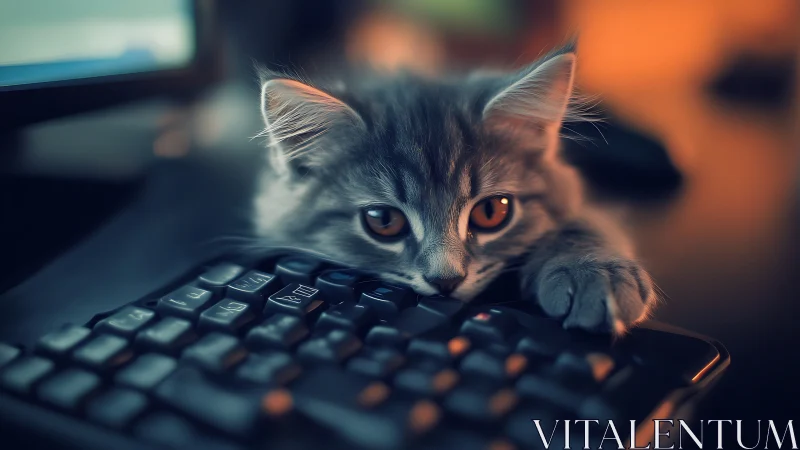 Cat Studying Computer Keyboard with Amber Eyes