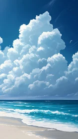 Billowing summer clouds rise above a tranquil turquoise shore